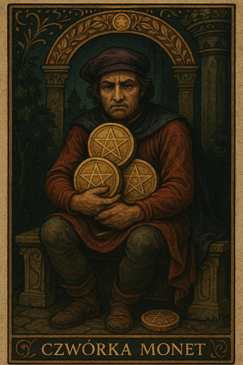 karta Czwórka Monet tarot symbolika — ochrona zasobów i lęk przed stratą materialną