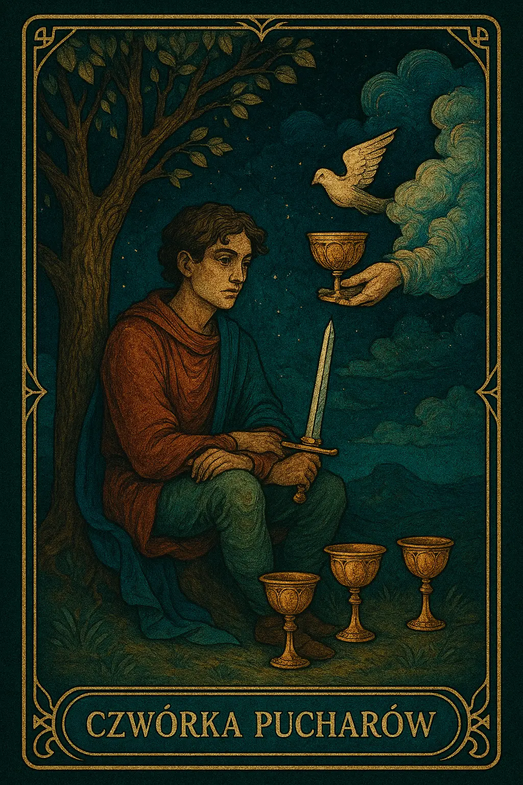 karta Czwórka Pucharów tarot symbolika — emocjonalna stagnacja i przeoczona szansa