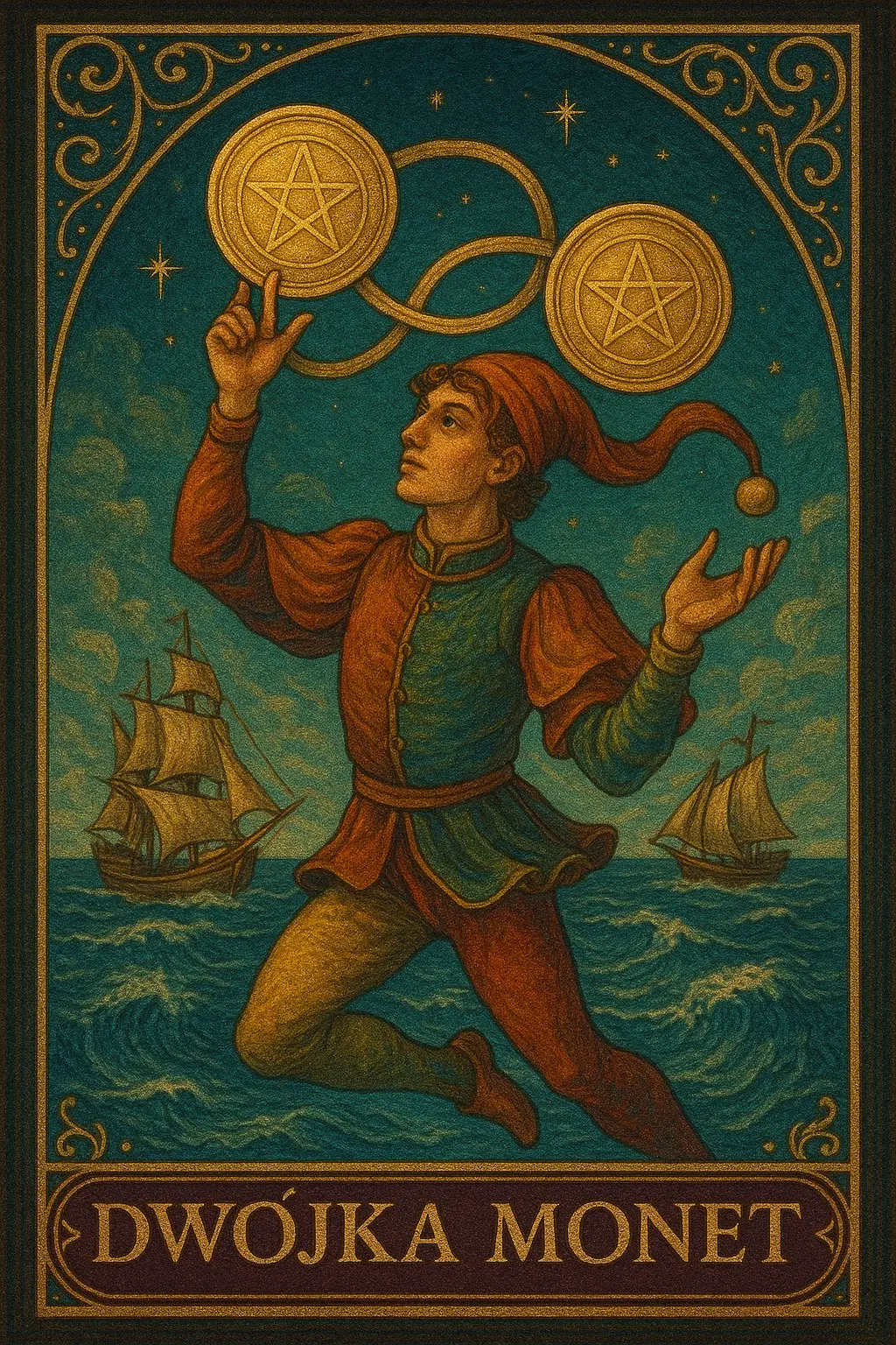 karta Dwójka Monet tarot symbolika — żonglowanie obowiązkami i dynamiczna równowaga