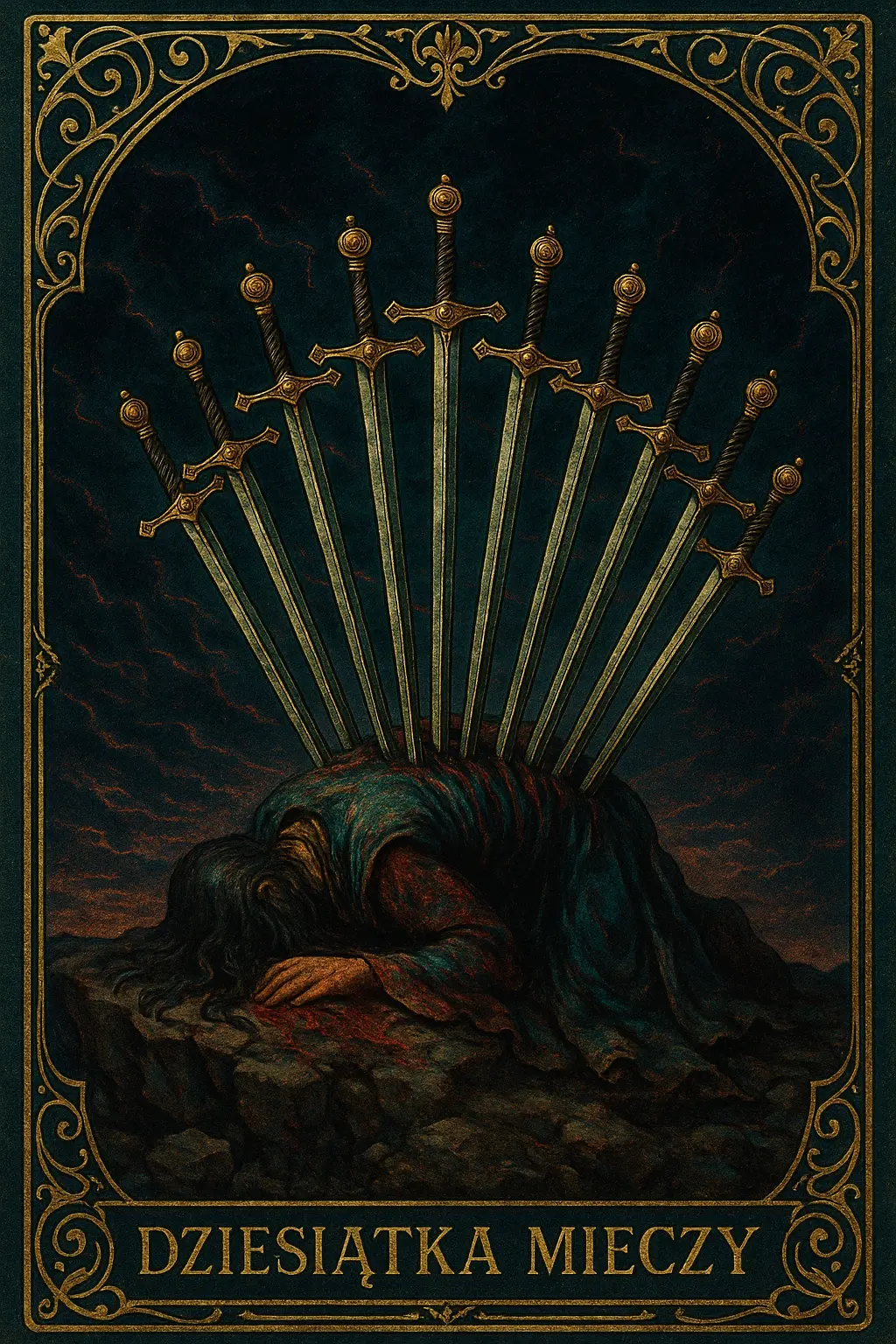 karta Dziesiątka Mieczy tarot symbolika — bolesny koniec i świt nowego początku