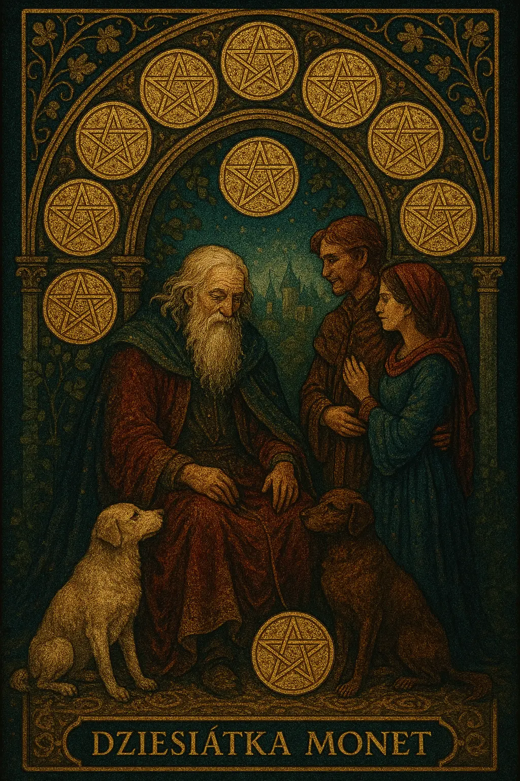 karta Dziesiątka Monet tarot symbolika — trwały rodzinny dobrobyt i materialne dziedzictwo