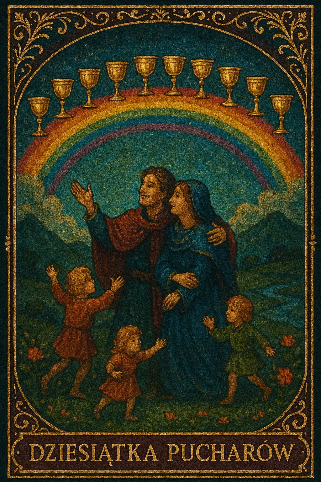 karta Dziesiątka Pucharów tarot symbolika — tęcza i rodzinna harmonia
