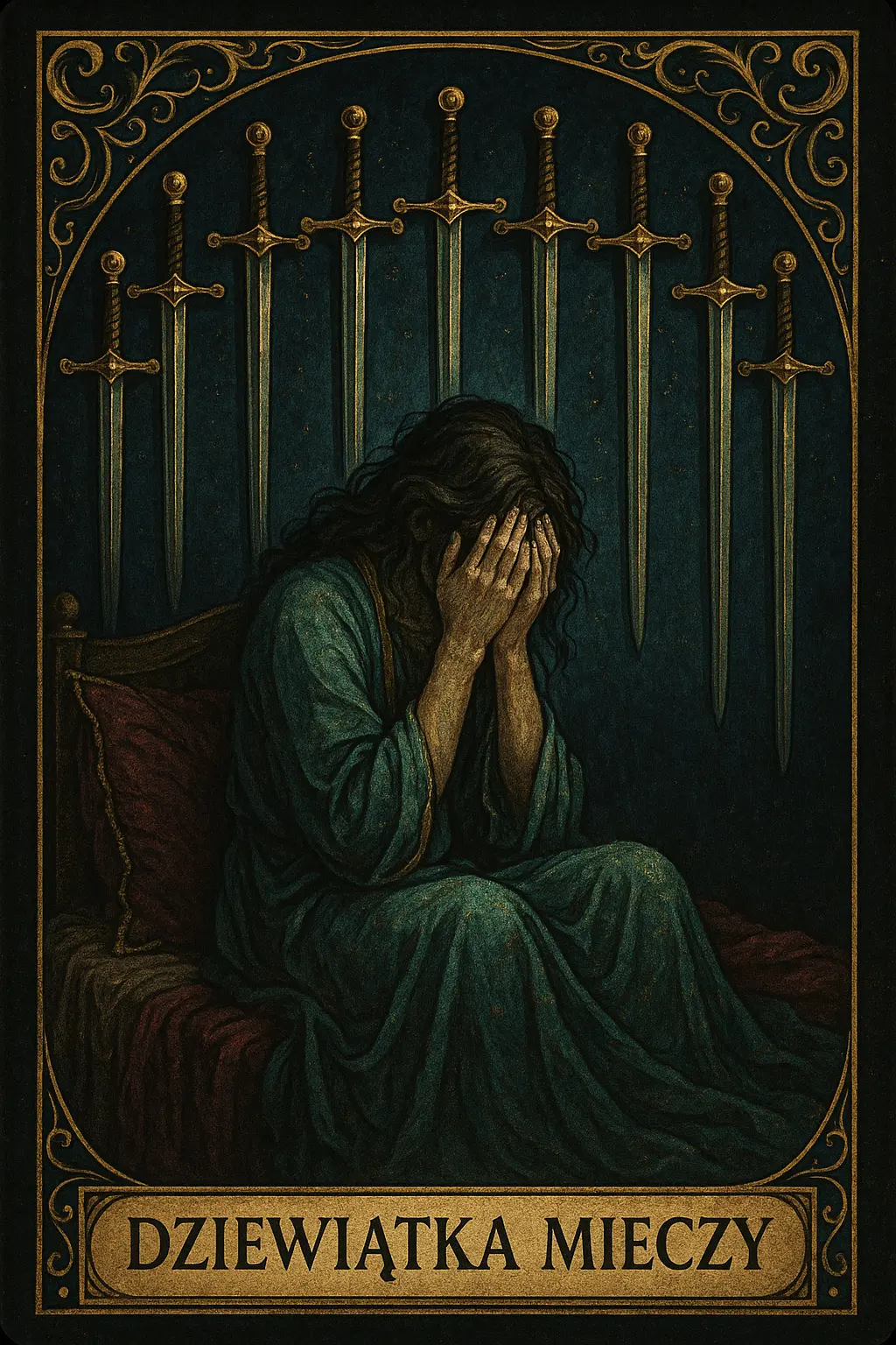 karta Dziewiątka Mieczy tarot symbolika — nocne lęki i myśli katastroficzne