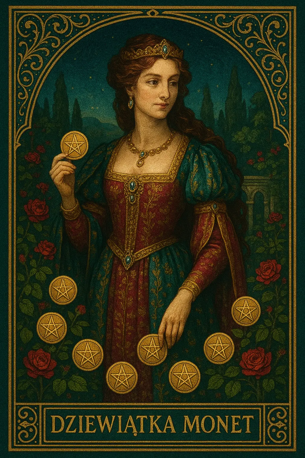 karta Dziewiątka Monet tarot symbolika — materialna niezależność i zasłużony dobrobyt