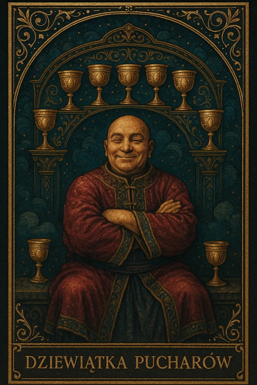 karta Dziewiątka Pucharów tarot symbolika — spełnienie życzeń i emocjonalny dobrobyt