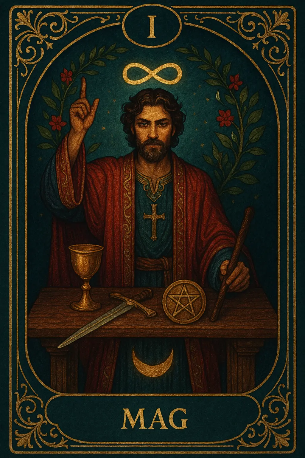 karta Mag tarot symbolika — cztery narzędzia i gest nieskończoności