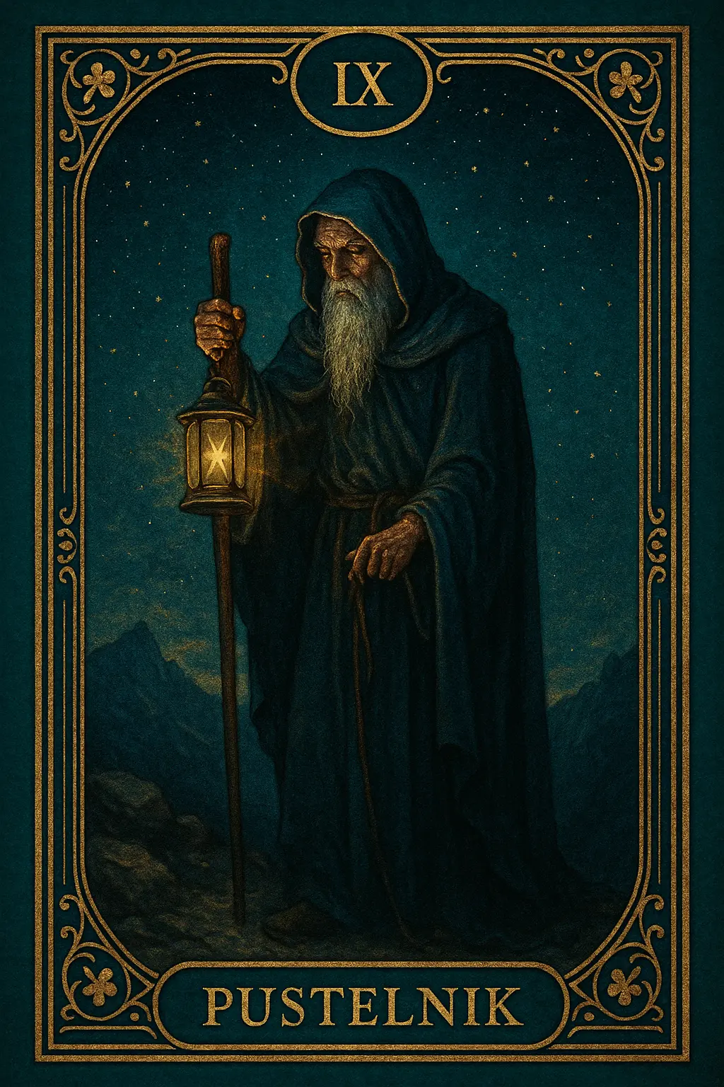 karta Pustelnik tarot symbolika — latarnia mądrości na szczycie