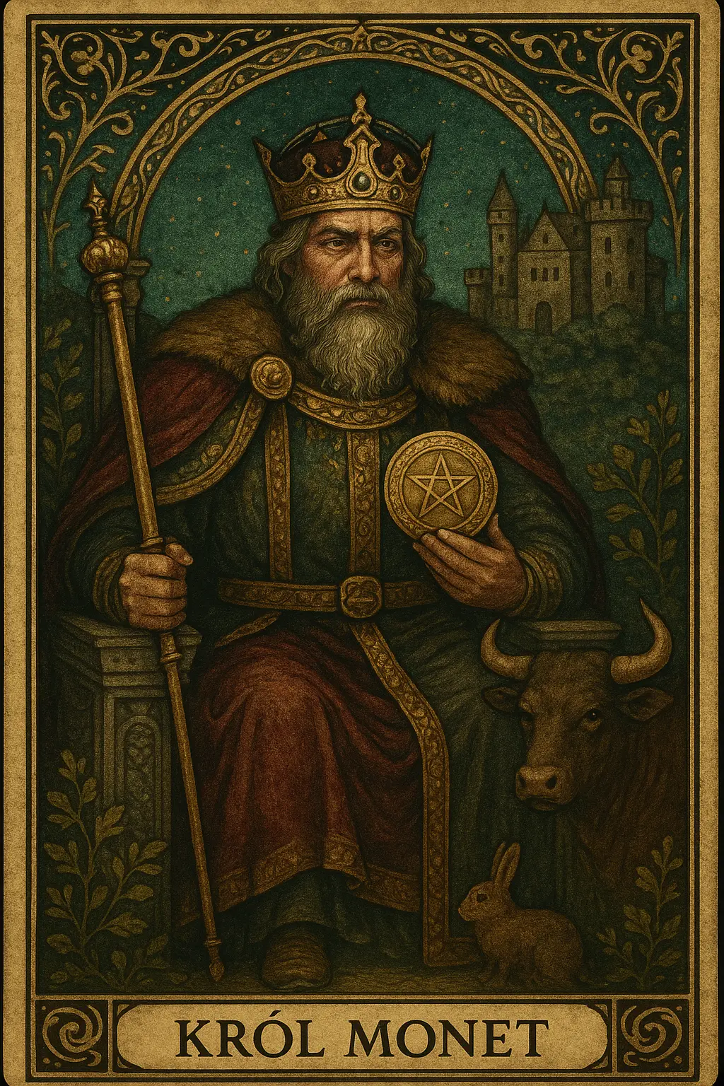 karta Król Monet tarot symbolika — materialny autorytet i masterstwu finansowej mądrości