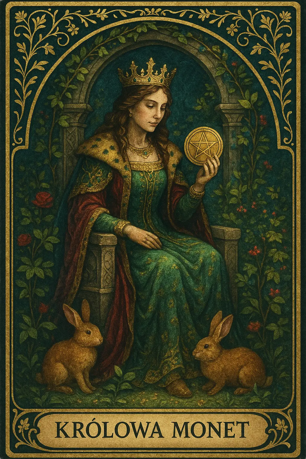 karta Królowa Monet tarot symbolika — dojrzała troska materialna i praktyczna mądrość