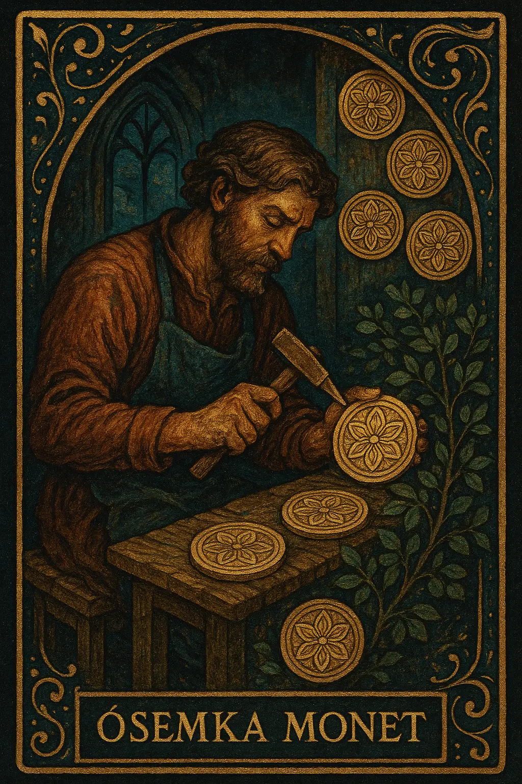 karta Ósemka Monet tarot symbolika — doskonalenie rzemiosła przez skupioną praktykę
