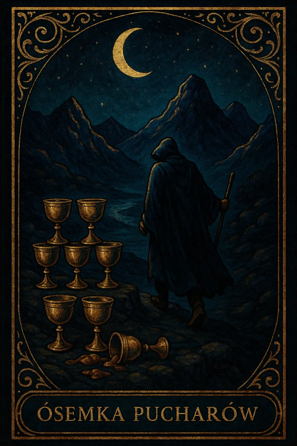 karta Ósemka Pucharów tarot symbolika — odejście ku głębszemu