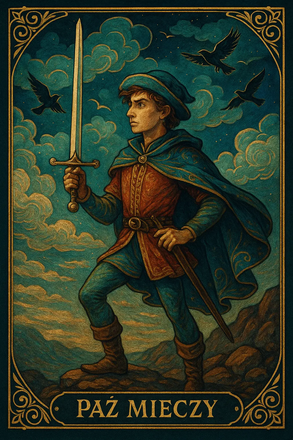 Paź Mieczy tarot – młodzieniec na wzgórzu trzyma uniesiony miecz, nad nim ptaki