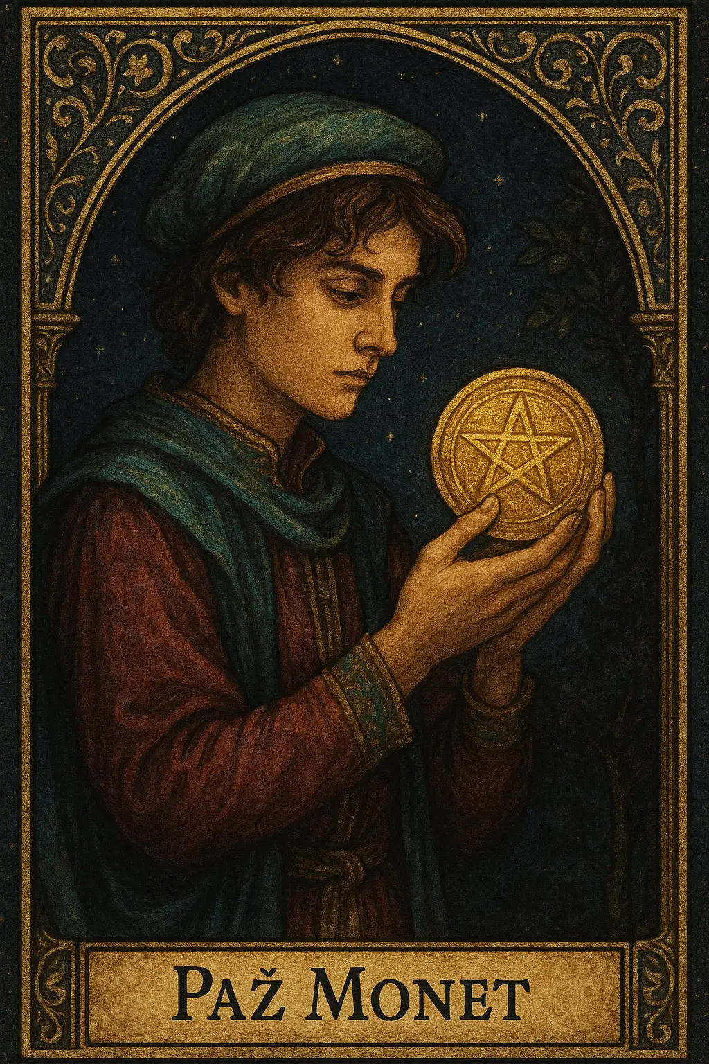 Paź Monet tarot – młoda postać uważnie ogląda monetę trzymaną w uniesionych dłoniach