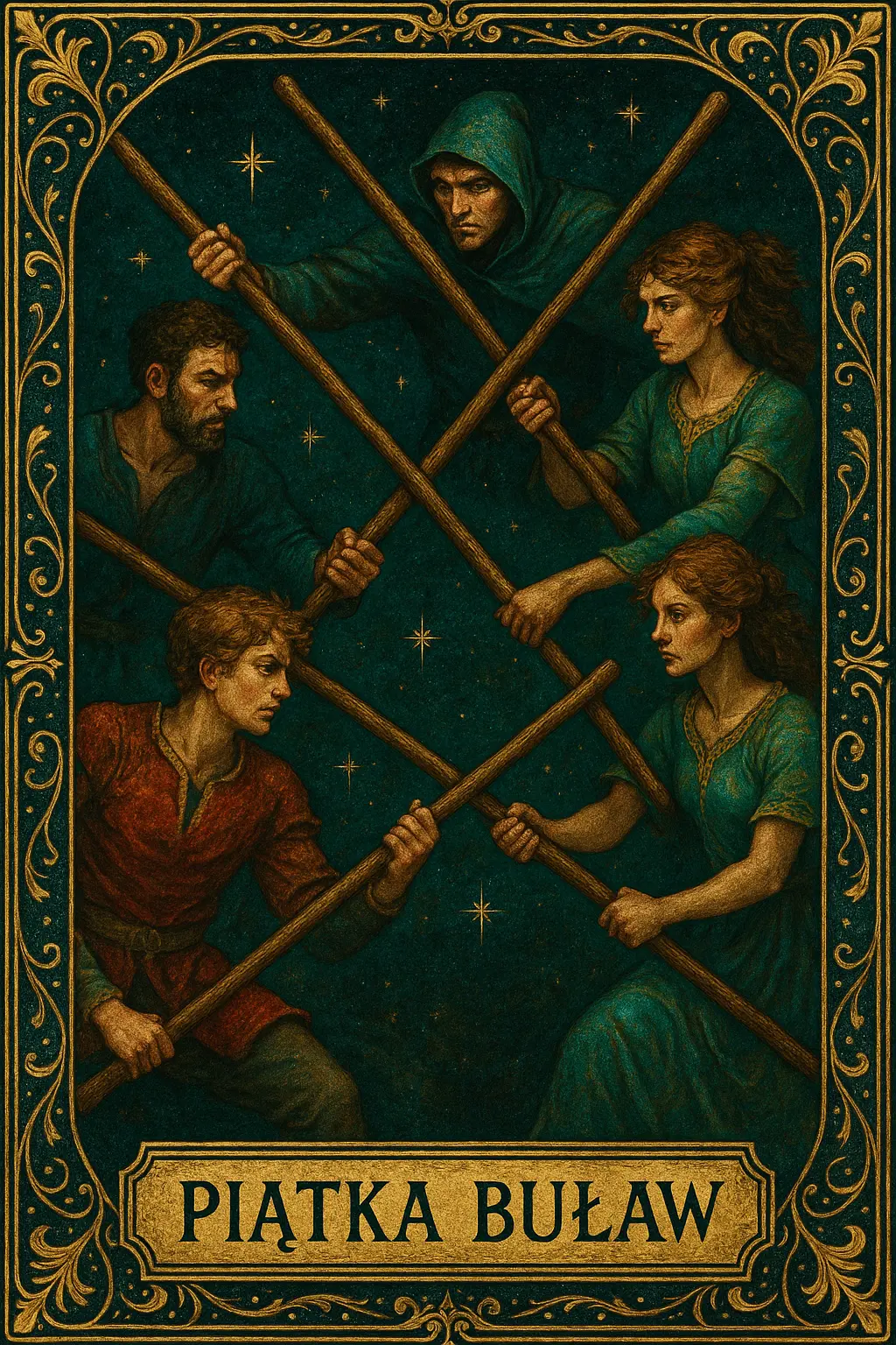 karta Piątka Buław tarot symbolika — konflikt energii i twórcze starcie
