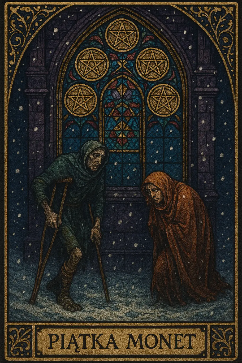 karta Piątka Monet tarot symbolika — trudności materialne i przeoczona pomoc