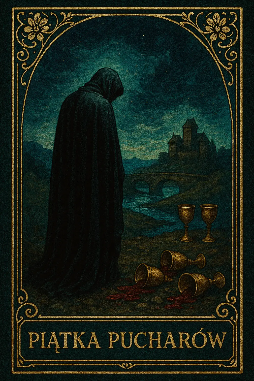 karta Piątka Pucharów tarot symbolika — żal po stracie i ocalałe kielichy