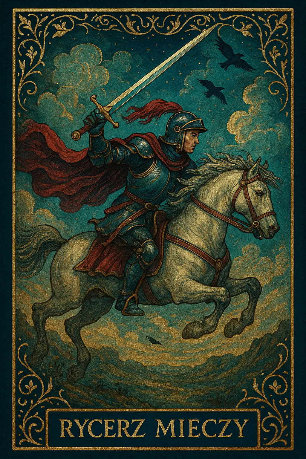 karta Rycerz Mieczy tarot symbolika — intelektualna odwaga i działanie przez przekonania