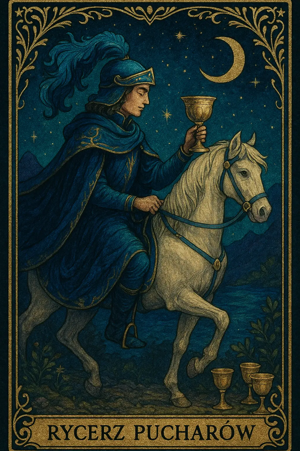 karta Rycerz Pucharów tarot symbolika — romantyczny idealista z kielichem