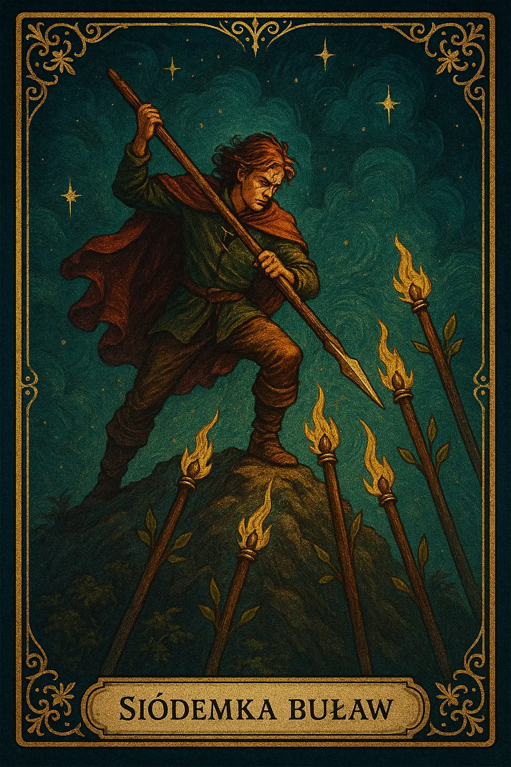 karta Siódemka Buław tarot symbolika — obrona pozycji i wytrwałość