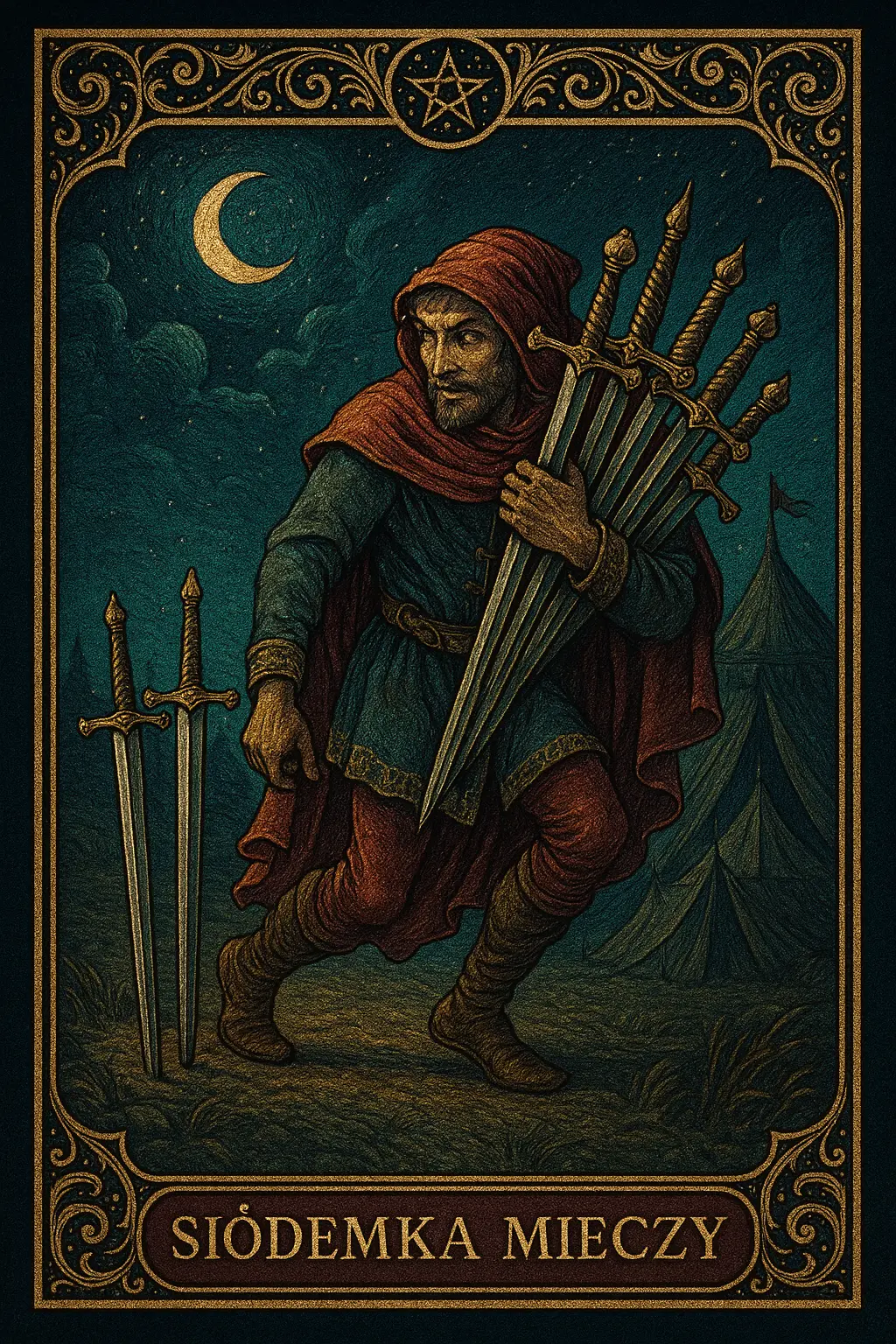 karta Siódemka Mieczy tarot symbolika — strategiczna przebiegłość i działanie po kryjomu