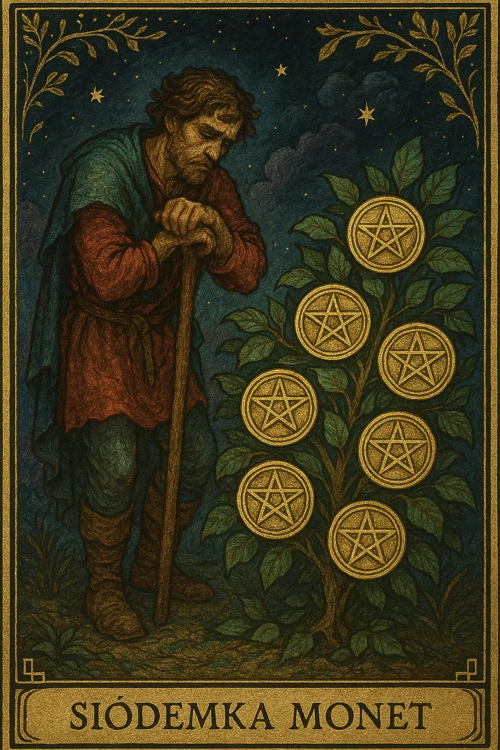 karta Siódemka Monet tarot symbolika — cierpliwe oczekiwanie na owoce pracy