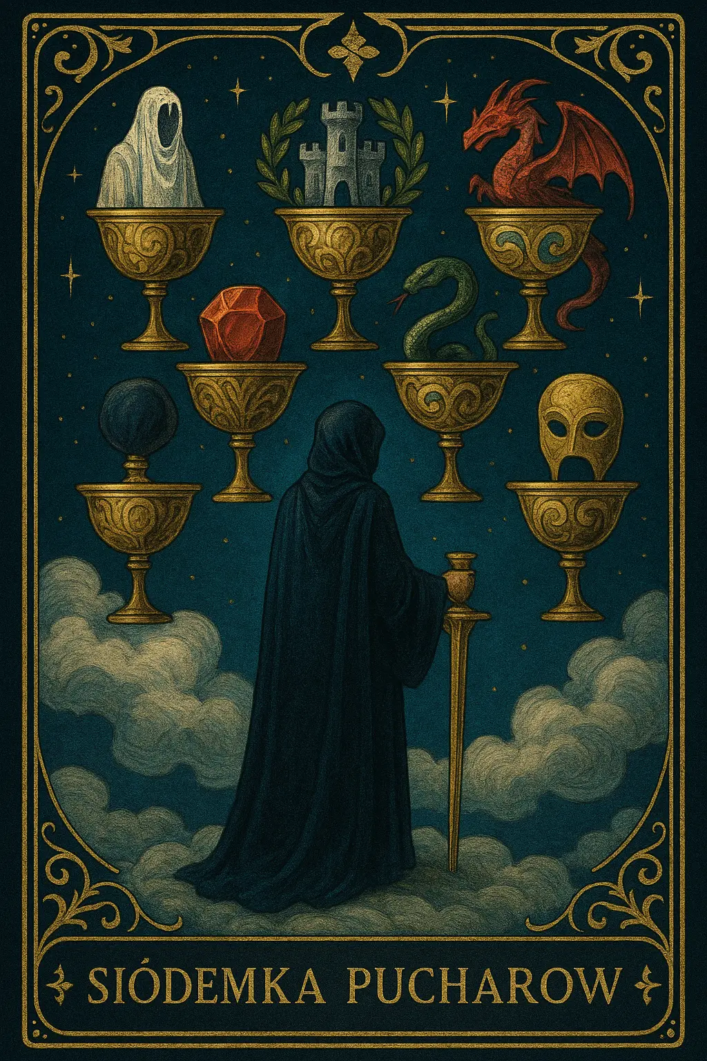 karta Siódemka Pucharów tarot symbolika — siedem iluzji do wyboru