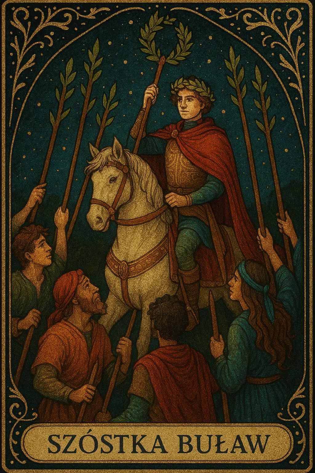 karta Szóstka Buław tarot symbolika — triumf i publiczne uznanie