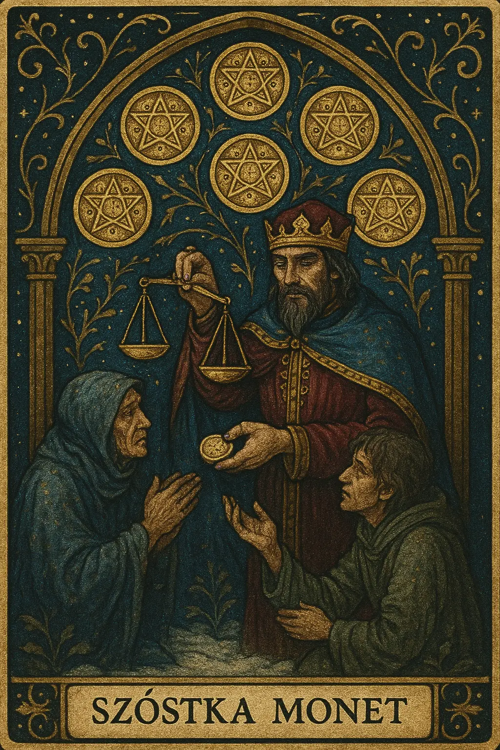 karta Szóstka Monet tarot symbolika — hojność i sprawiedliwy podział materialny