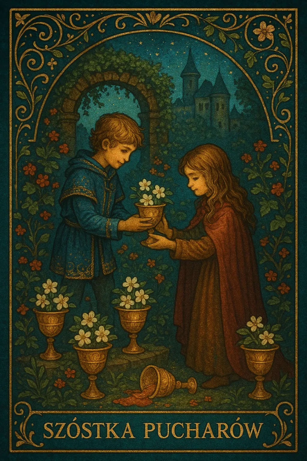 karta Szóstka Pucharów tarot symbolika — nostalgia i dziecięca czystość uczuć