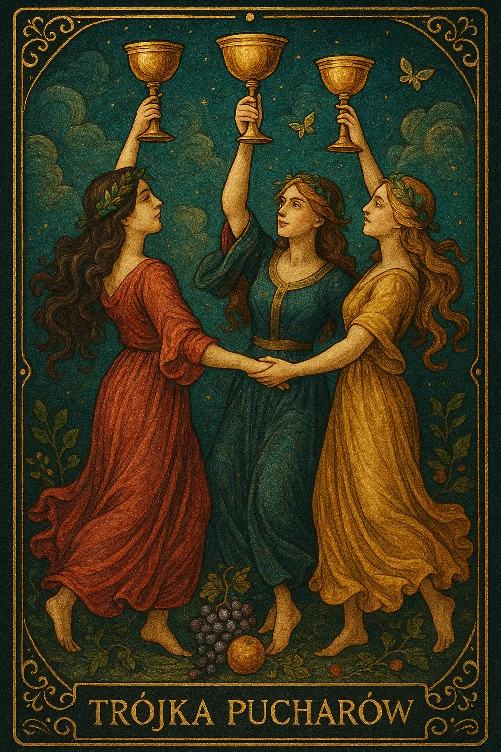 karta Trójka Pucharów tarot symbolika — taniec i wspólne świętowanie