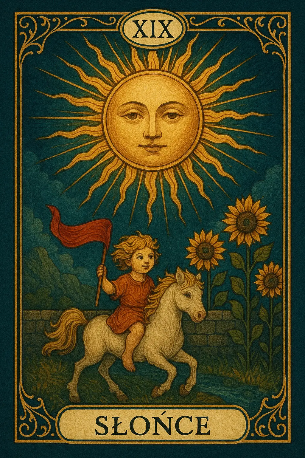 karta Słońce tarot symbolika — radosne dziecko i promienie