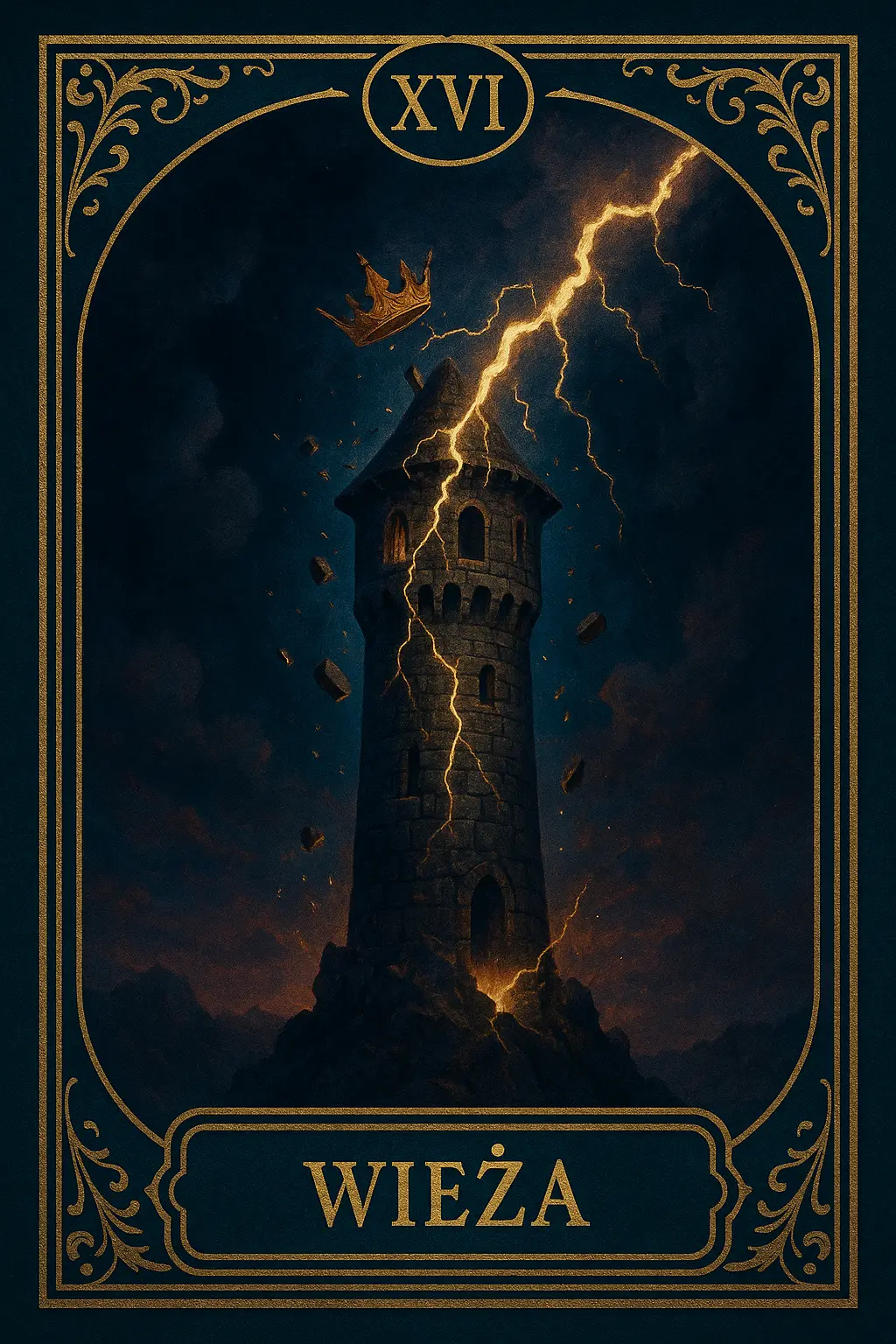 karta Wieża tarot symbolika — piorun i obalona korona