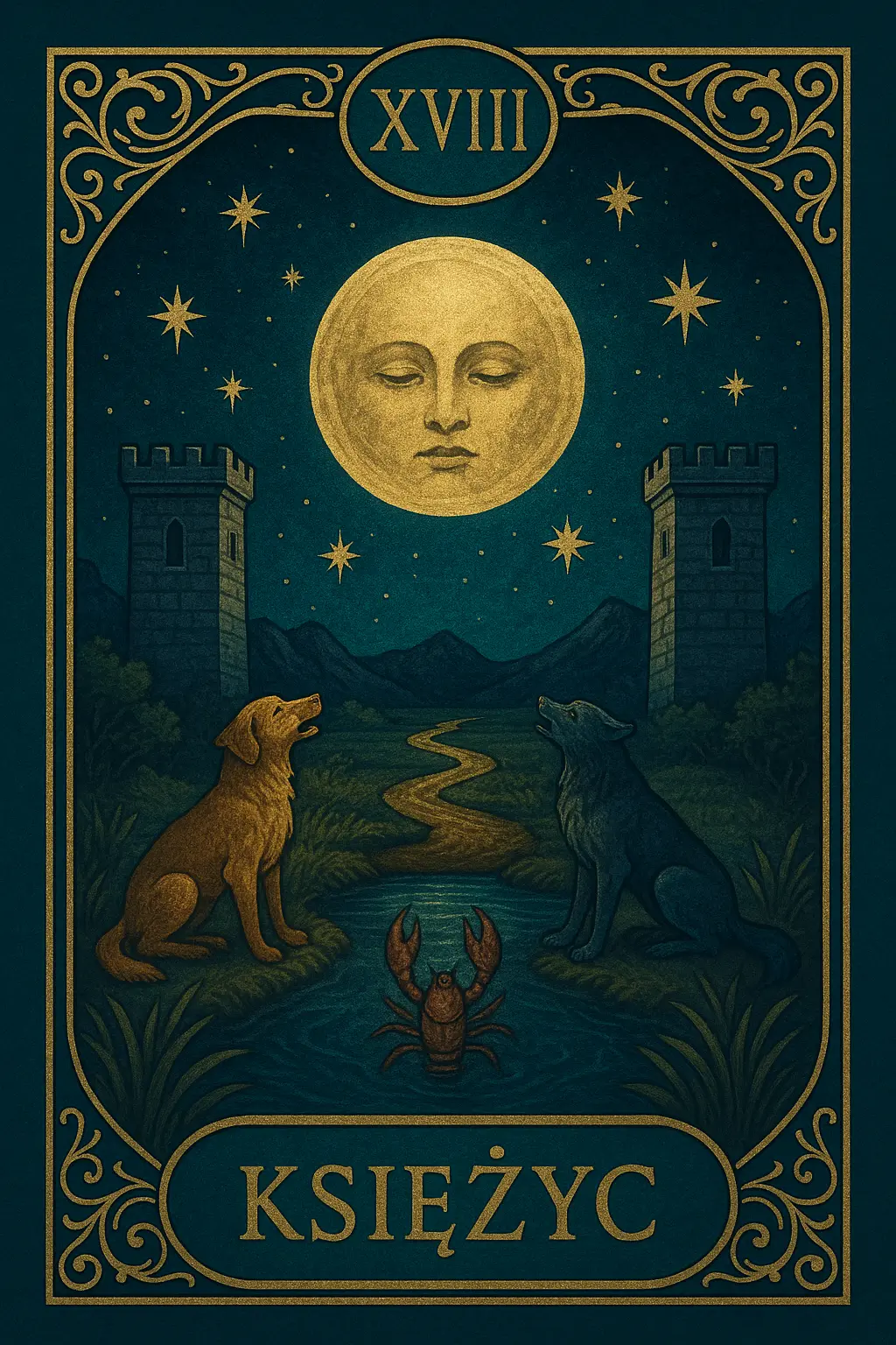 karta Księżyc tarot symbolika — nocna ścieżka podświadomości