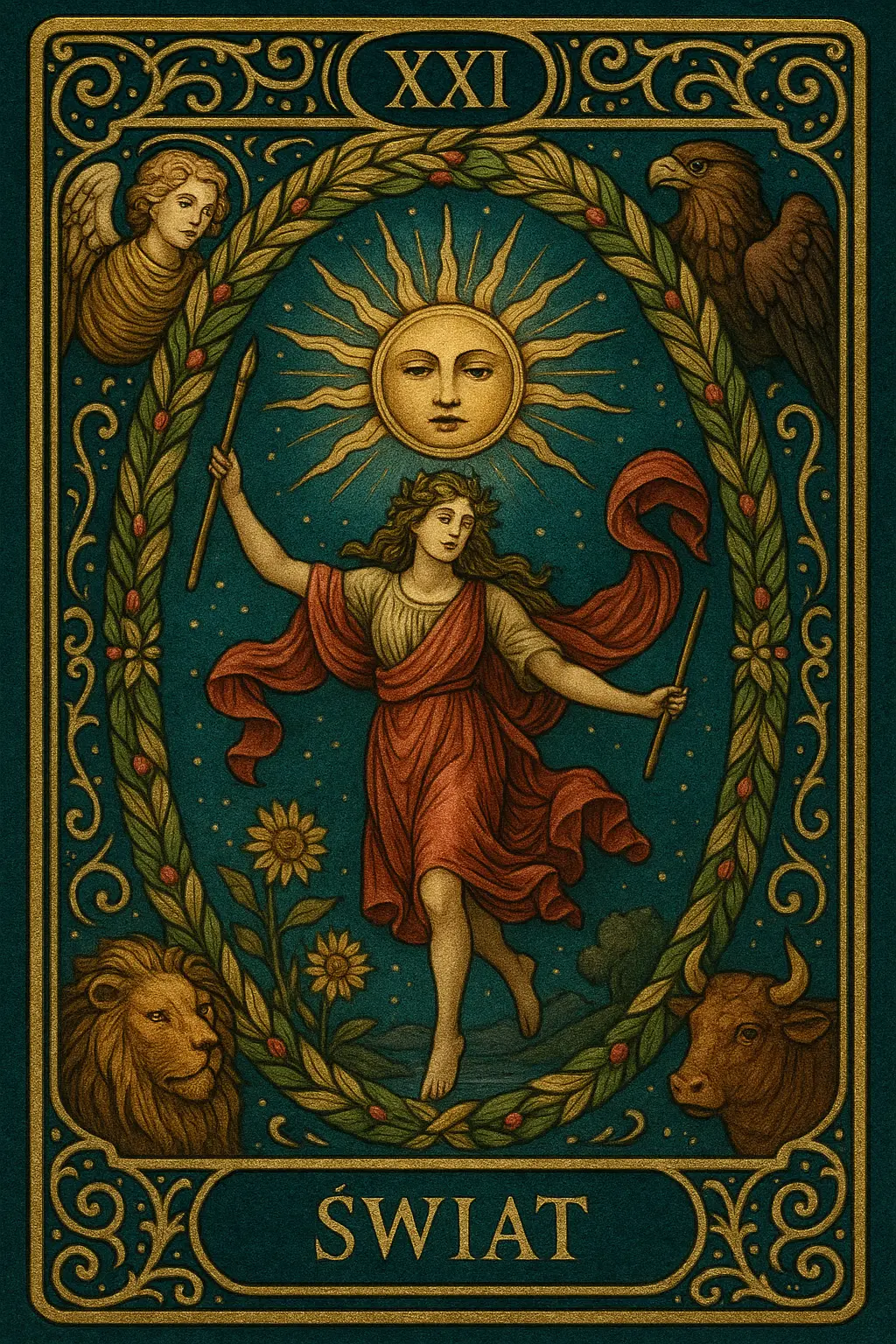 karta Świat tarot symbolika — tańcząca postać w wieńcu